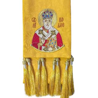 yellow bookmark with an icon of St Nicholas the Wonderworker