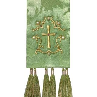 green bookmark for the Gospel with embroidered cross and pearls