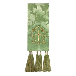 green bookmark for the Gospel with embroidered cross and pearls
