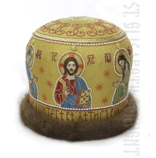 blue velvet mitre with sewn icons of saints