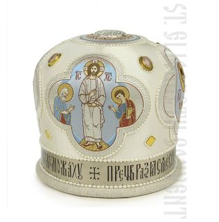 white mitre for priest with embroidered icon 