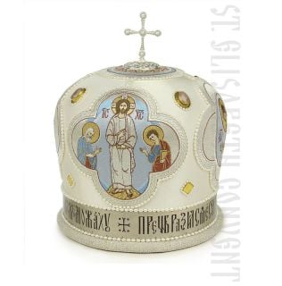 white mitre for priest with embroidered icon 