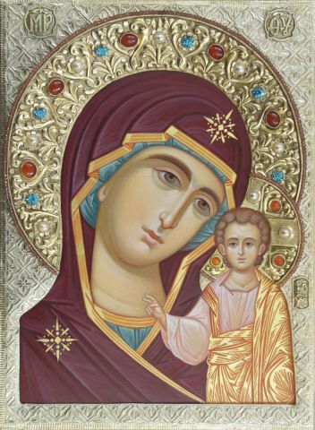 handpainted icon of our Lady with metal oklad