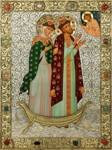 handpainted Icon of SS Peter and Febronia with semi-precious stones