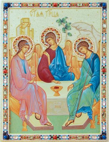 Hand-painted icon The holy trinity with embroidered oklad (plate)