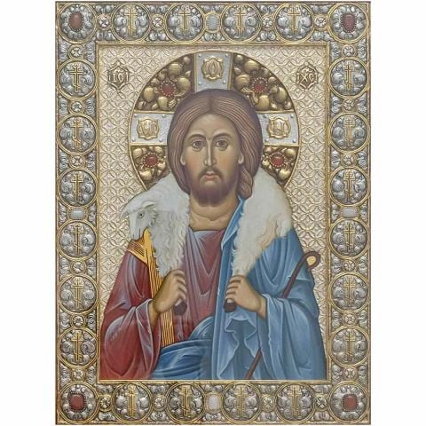 handpainted icon of the good shepherd in metal oklad to order