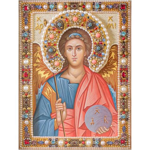 hand-painted icon of the archangel Michael with velvet Riza