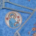 beautiful blue chalice covers and a veil with fern embroidery and medallion of the Theotokos