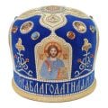 blue velvet mitre with icons and semi-precious stones and pearls