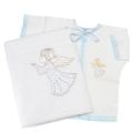 baptismal set for a toddler with blue lace and embroidered angel