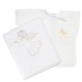 baptismal set for a toddler with blue lace and embroidered angel