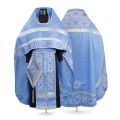 blue decorative priest vestment with embroidered Paschal patterns with Saints