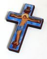 wooden cross with printed icon blue