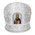 White/grey silver-colored mitre with pearls