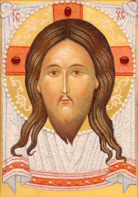 stone marble icon of Christ not made by hand with pearls