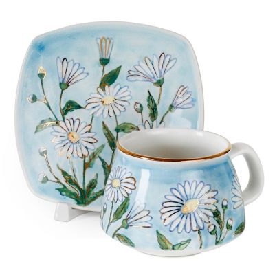 ceramic tea cup with saucer with chamomile painting 