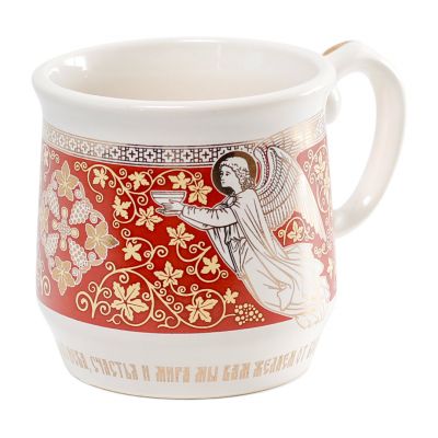 ceramic cup with angels and grapes pattern and gold elements