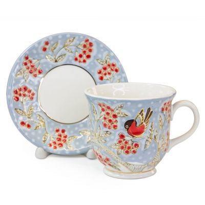 ceramic cup and saucer set with bullfinches and rowan