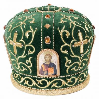 green velvet mitre with lacquered icons