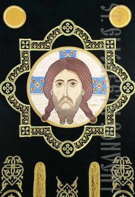 Church Banner (Khorugv) with Embroidered Icon of Christ from Black Velvet
