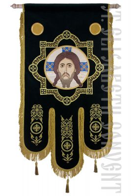 Church Banner (Khorugv) with Embroidered Icon of Christ from Black Velvet