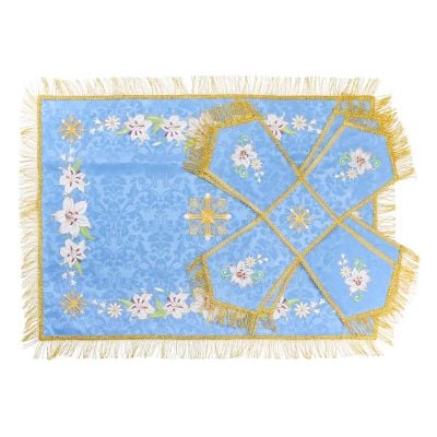 Chalice covers and veil with lilies embroidery and fringe 