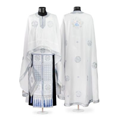 blue gabardine Greek-style priest vestment with embroidery and Theotokos Medallion