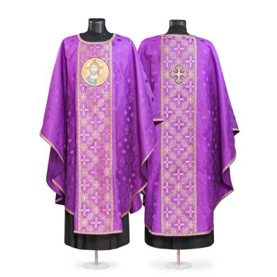 purple chasuble with Christ and Cross medallion