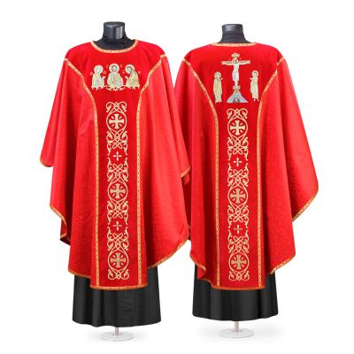 Red velvet and decorative chasuble and stole with icon of Saints and embroidery