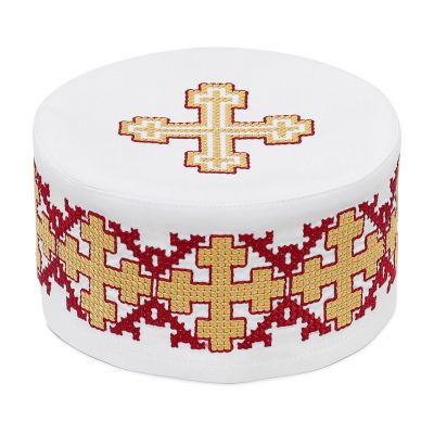 White Serbian Skufia with embroidered crosses in red and yellow colors
