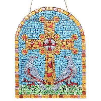 stained glass panel with doves and cross