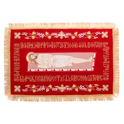 red velvet shroud with embroidered grapes and troparion