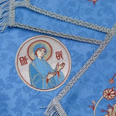 beautiful blue chalice covers and a veil with fern embroidery and medallion of the Theotokos