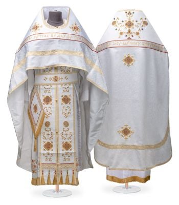 white brocade priest vestment with embroidery