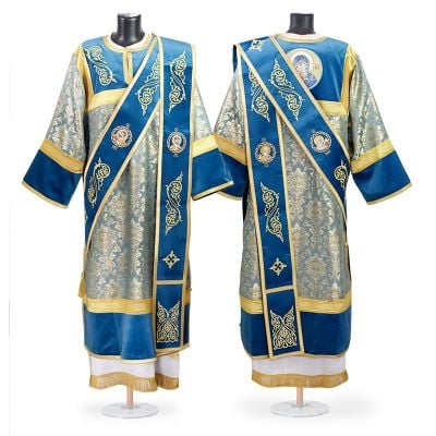 blue velvet deacon vestment with embroidery