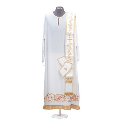 white deacon orarion with cuffs embroidered with lilies