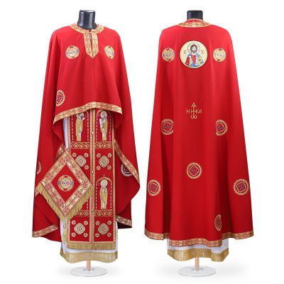 red greek-style priest vestment with nika embroidery