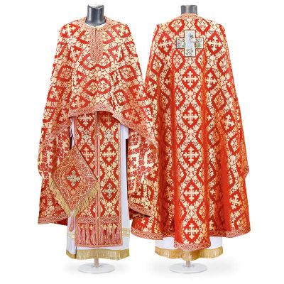 Red paschal Greek-style priest vestment with medallion on the back