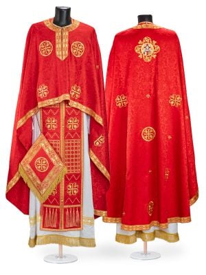 red Greek-style priest vestment from decorative fabric with medallion