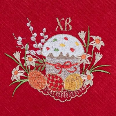 Easter white linen napkin with embroidered flowers eggs and Kulich