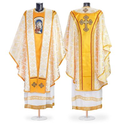 white and yellow catholic clergy vestment