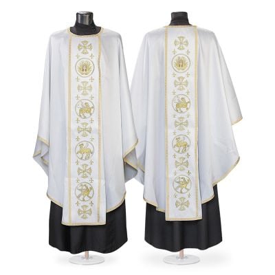 white decorative chasuble with Evangelists embroidery