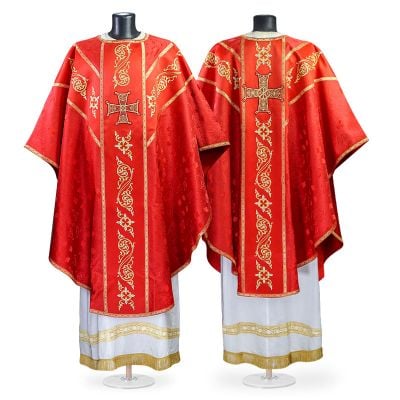 red church silk chasuble with embroidered crosses