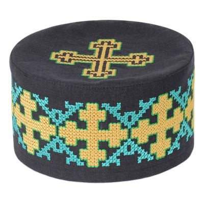 black linen skufia decorated with embroidery