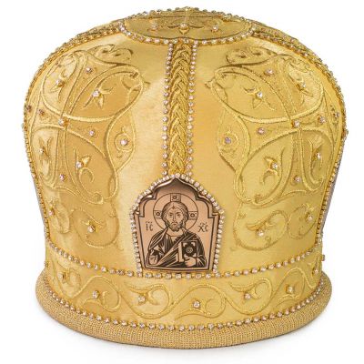 blue handmade mitre with embroidery and icons