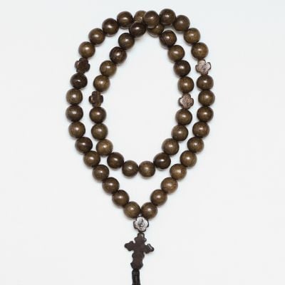 dark wooden handmade 50-bead prayer rope with a wooden cross