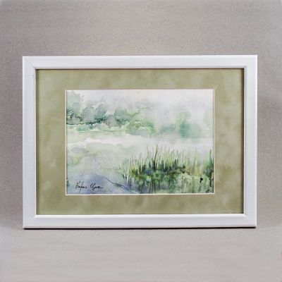 Hand-painted Watercolor picture of a lake in summer