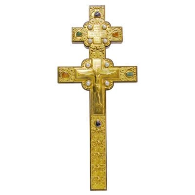 wooden cross with semi-precious stones and covered with electrotype