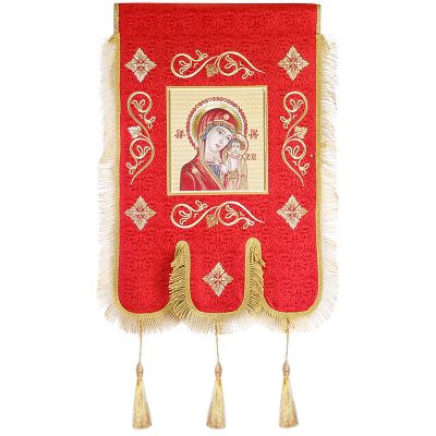 red silk khorugv with embroidered icon of the Mother of God