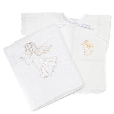 baptismal set for a toddler with blue lace and embroidered angel